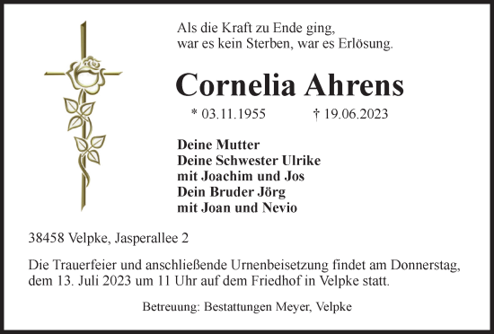 Traueranzeige von Cornelia Ahrens von Helmstedter Nachrichten