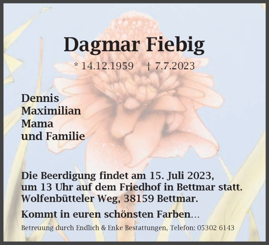 Traueranzeige von Dagmar Fiebig von Peiner Nachrichten