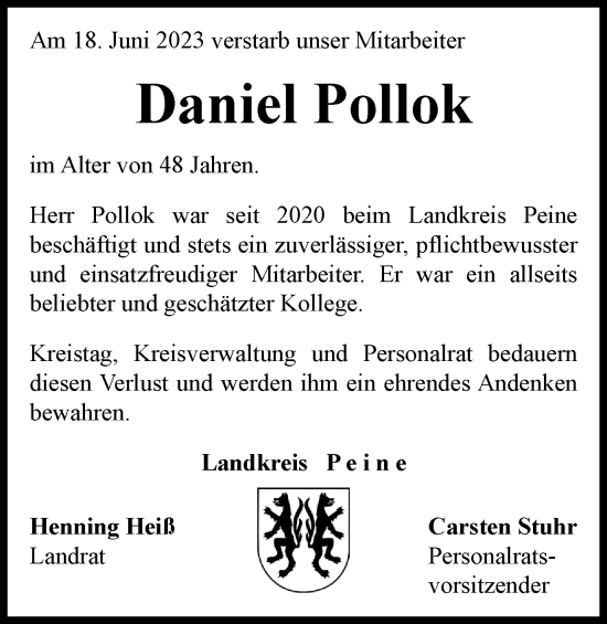 Traueranzeige von Daniel Pollok von Peiner Nachrichten