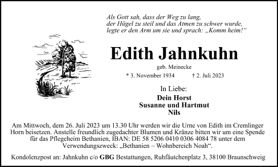 Traueranzeige von Edith Jahnkuhn von Braunschweiger Zeitung