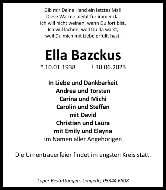 Traueranzeige von Ella Bazckus von Peiner Nachrichten