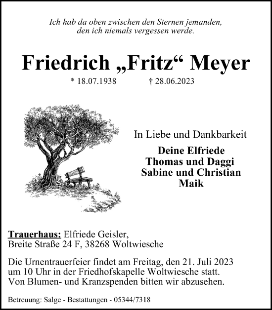 Traueranzeige von Friedrich Meyer von Peiner Nachrichten