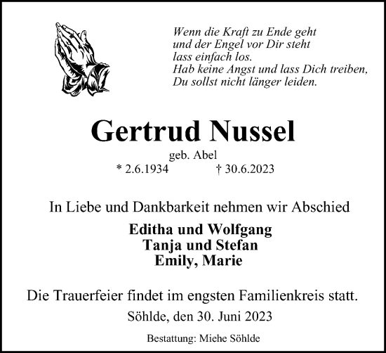 Traueranzeige von Gertrud Nussel von Peiner Nachrichten