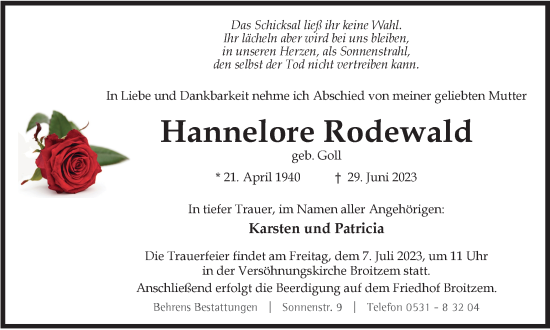 Traueranzeige von Hannelore Rodewald von Braunschweiger Zeitung