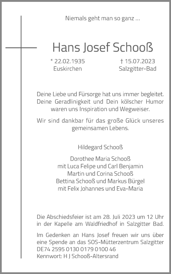 Traueranzeige von Hans Josef Schooß von Salzgitter-Zeitung