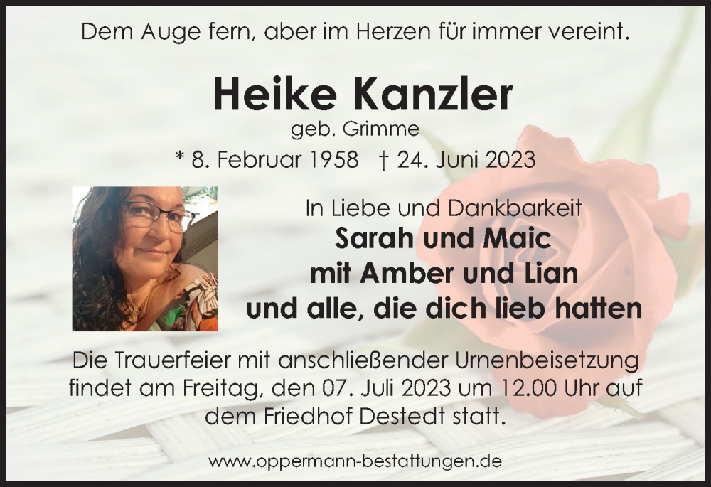  Traueranzeige für Heike Kanzler vom 01.07.2023 aus Wolfenbütteler Zeitung