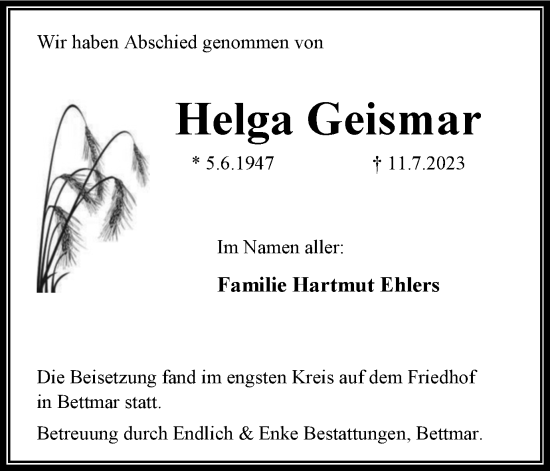 Traueranzeige von Helga Geismar von Peiner Nachrichten