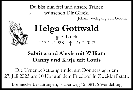 Traueranzeige von Helga Gottwald von Peiner Nachrichten