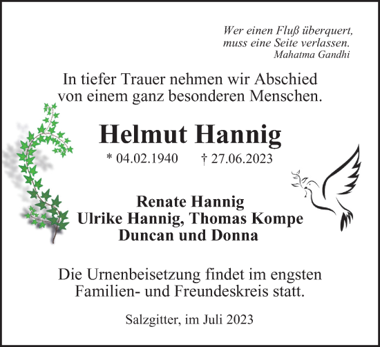 Traueranzeige von Helmut Hannig von Salzgitter-Zeitung