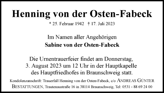 Traueranzeige von Henning von der Osten-Fabeck von Braunschweiger Zeitung