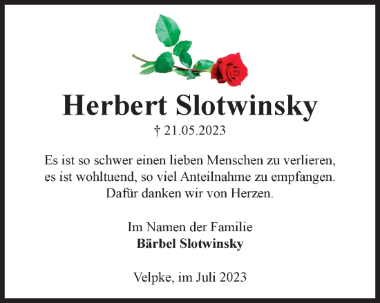 Traueranzeige von Herbert Slotwinsky von Wolfsburger Nachrichten