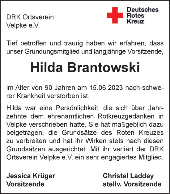 Traueranzeige von Hilda Brantowski von Helmstedter Nachrichten