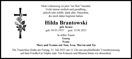 Traueranzeige von Hilda Brantowski von Helmstedter Nachrichten