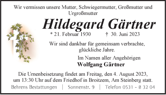 Traueranzeige von Hildegard Gärtner von Braunschweiger Zeitung