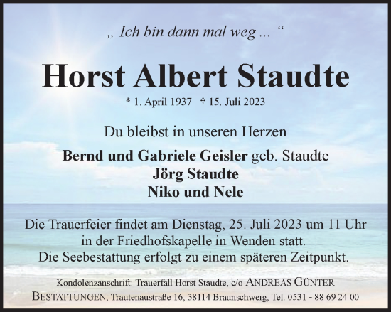 Traueranzeige von Horst Albert Staudte von Braunschweiger Zeitung