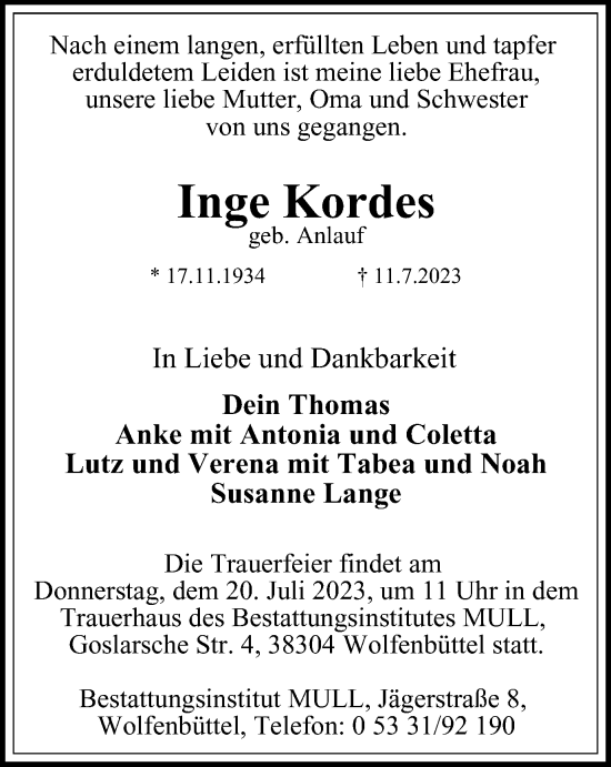 Traueranzeige von Inge Kordes von Wolfenbütteler Zeitung