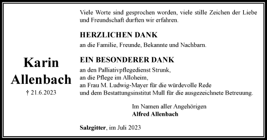 Traueranzeige von Karin Allenbach von Salzgitter-Zeitung