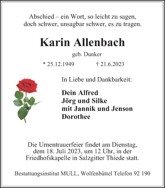 Traueranzeige von Karin Allenbach von Salzgitter-Zeitung