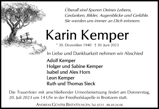 Traueranzeige von Karin Kemper von Braunschweiger Zeitung