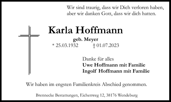 Traueranzeige von Karla Hoffmann von Braunschweiger Zeitung