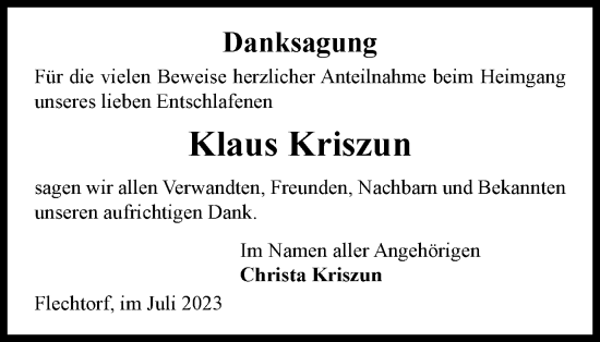 Traueranzeige von Klaus Kriszun von Helmstedter Nachrichten