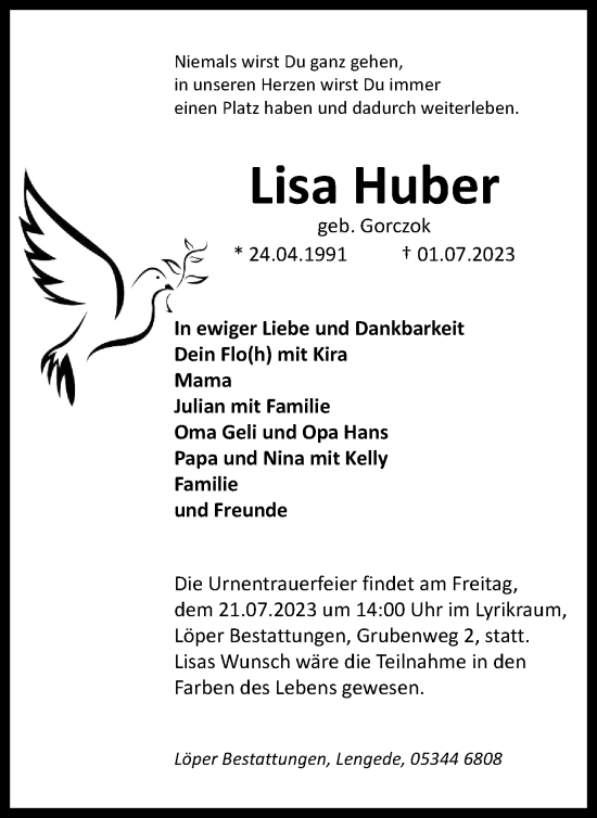 Traueranzeige von Lisa Huber von Peiner Nachrichten