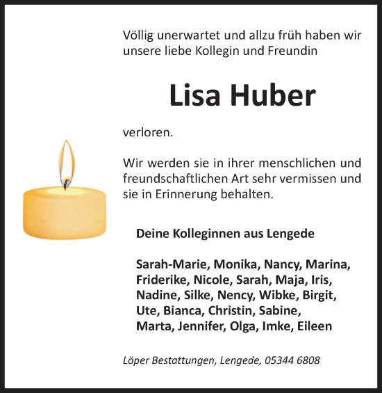 Traueranzeige von Lisa Huber von Peiner Nachrichten