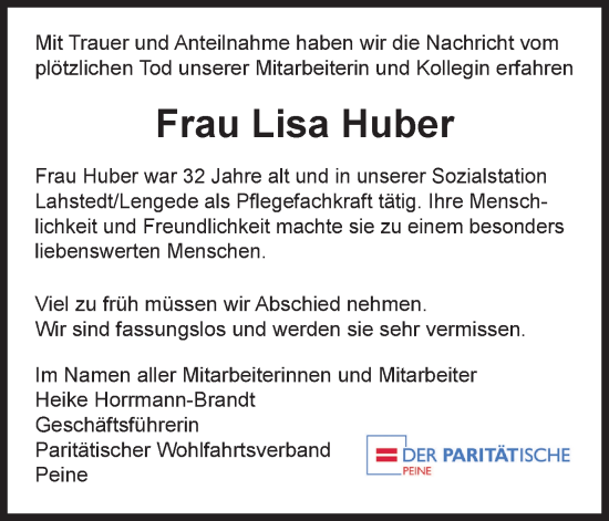 Traueranzeige von Lisa Huber von Peiner Nachrichten