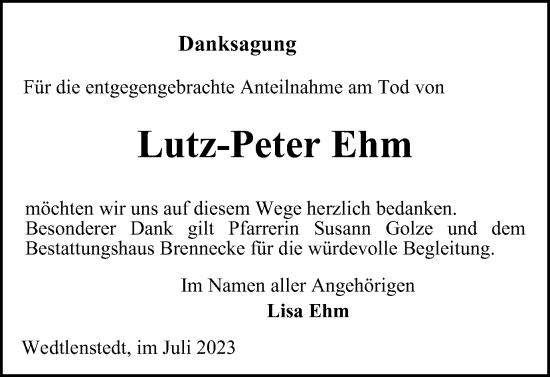 Traueranzeige von Lutz-Peter Ehm von Peiner Nachrichten