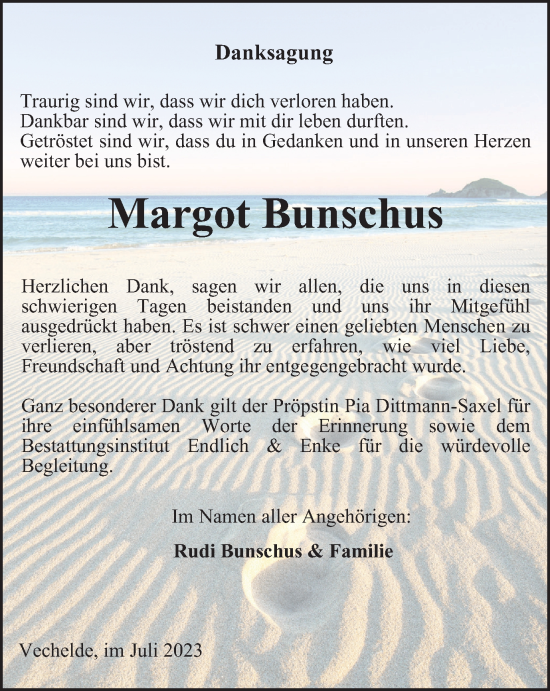 Traueranzeige von Margot Bunschus von Peiner Nachrichten