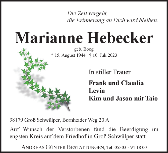 Traueranzeige von Marianne Hebecker von Braunschweiger Zeitung