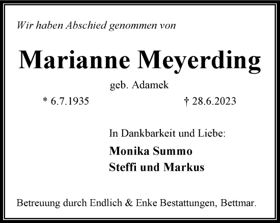 Traueranzeige von Marianne Meyerding von Peiner Nachrichten