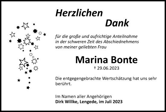 Traueranzeige von Marina Bonte von Peiner Nachrichten