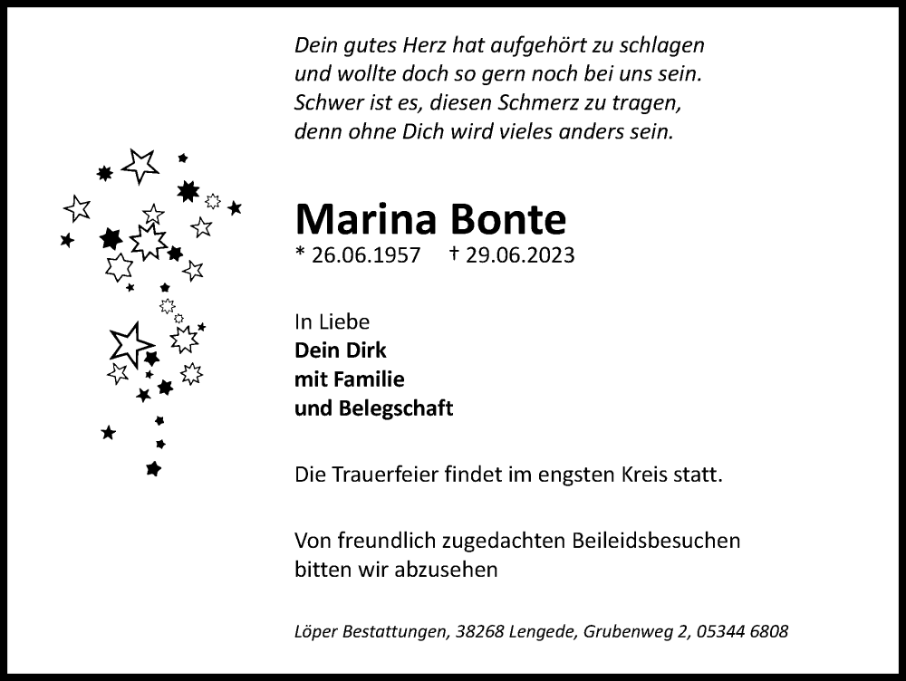  Traueranzeige für Marina Bonte vom 01.07.2023 aus Peiner Nachrichten