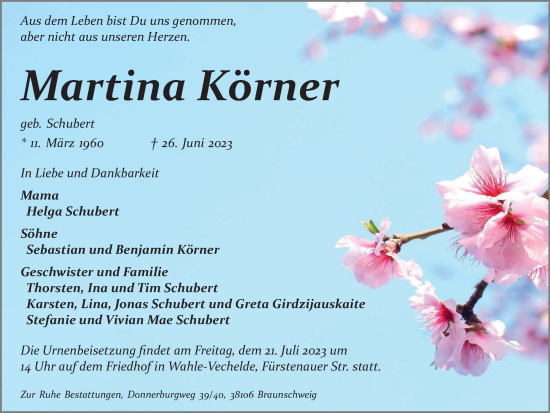 Traueranzeige von Martina Körner von Peiner Nachrichten