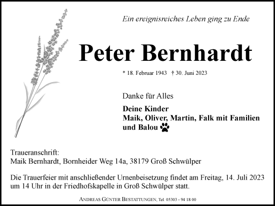 Traueranzeige von Peter Bernhardt von Braunschweiger Zeitung