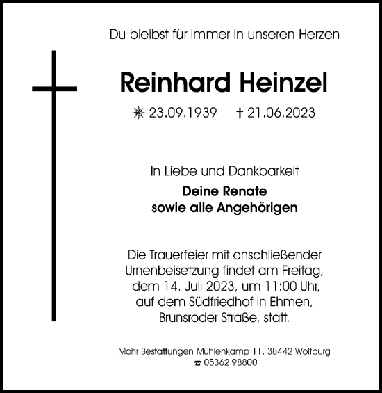 Traueranzeige von Reinhard Heinzel von Wolfsburger Nachrichten