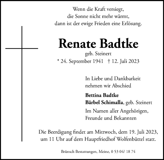 Traueranzeige von Renate Badtke von Wolfenbütteler Zeitung