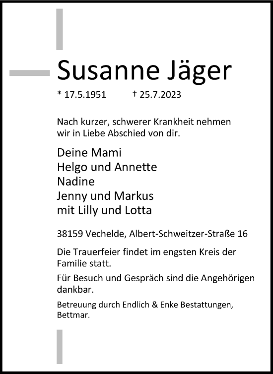 Traueranzeige von Susanne Jäger von Peiner Nachrichten