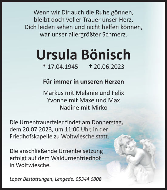 Traueranzeige von Ursula Bönisch von Peiner Nachrichten