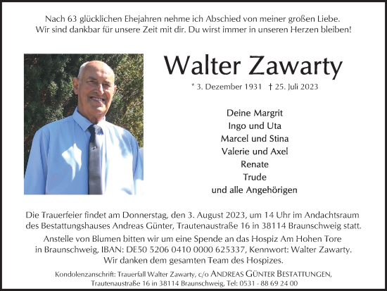 Traueranzeige von Walter Zawarty von Braunschweiger Zeitung