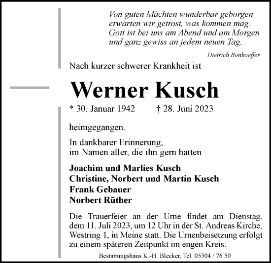 Traueranzeige von Werner Kusch von Braunschweiger Zeitung