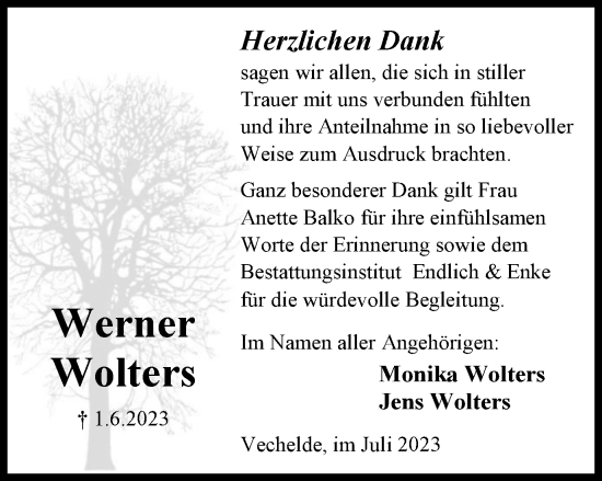 Traueranzeige von Werner Wolters von Peiner Nachrichten