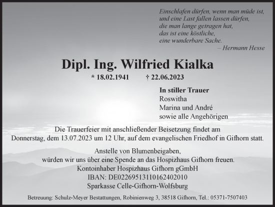 Traueranzeige von Wilfried Kialka von Wolfsburger Nachrichten