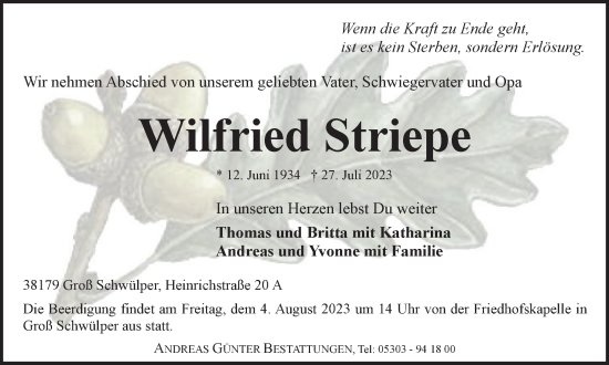 Traueranzeige von Wilfried Striepe von Braunschweiger Zeitung