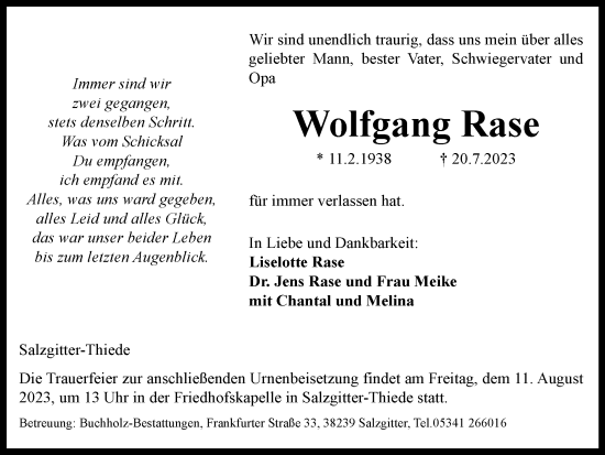 Traueranzeige von Wolfgang Rase von Wolfenbütteler Zeitung