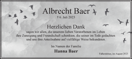 Traueranzeige von Albrecht Baer von Wolfsburger Nachrichten