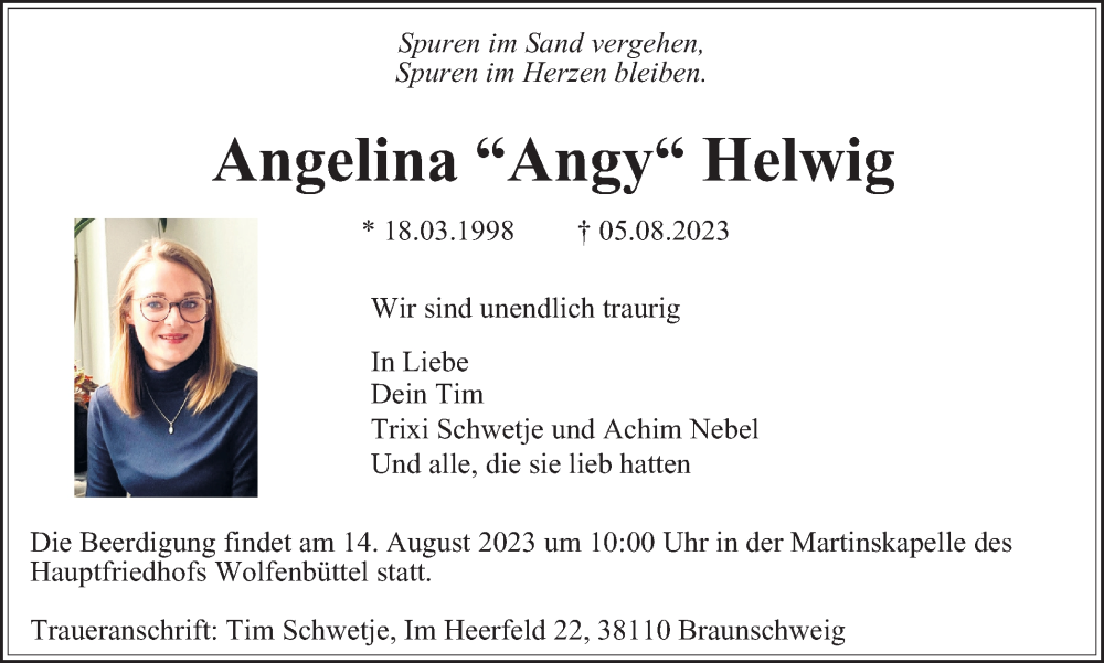  Traueranzeige für Angelina Helwig vom 12.08.2023 aus Braunschweiger Zeitung