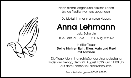 Traueranzeige von Anna Lehmann von Wolfsburger Nachrichten