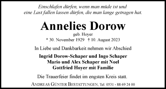 Traueranzeige von Annelies Dorow von Neue Braunschweiger am Samstag